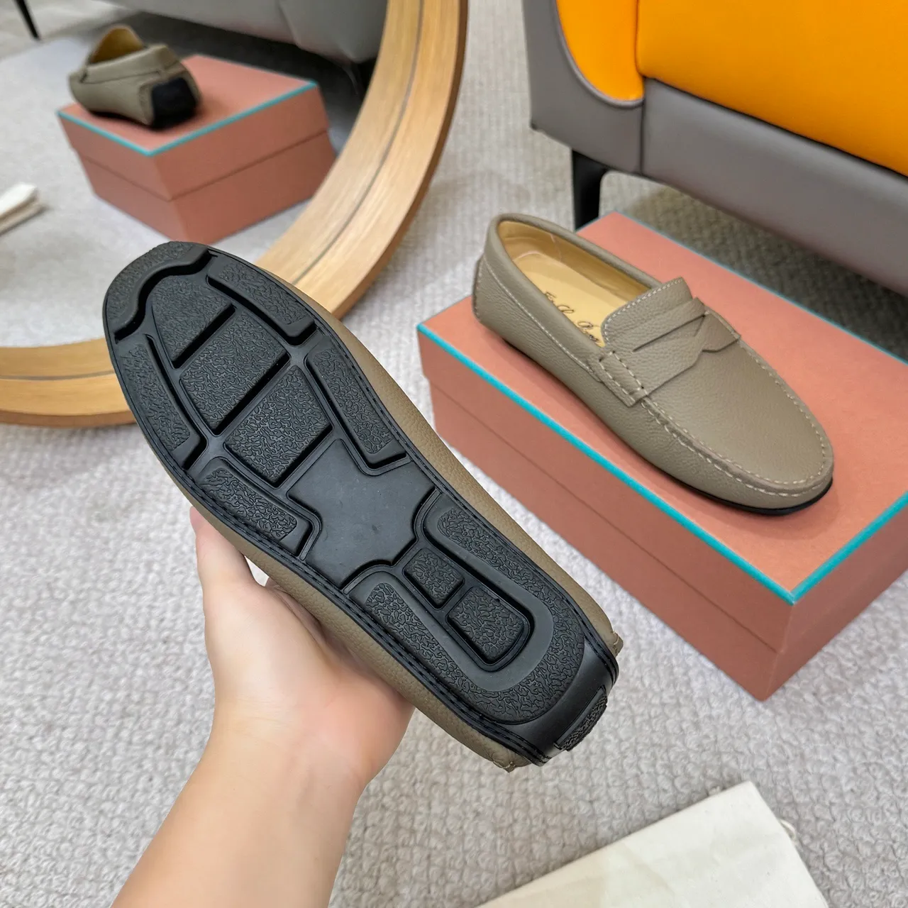 Loro Piana LP Dote Walk mocassins en cuir pebble color olive 7
