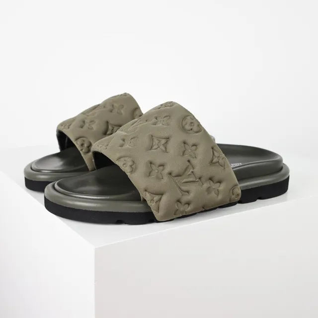 Louis Vuitton Army Green Black Monogrammed Quilted Strap Layered Rubber Sole Slippers 2