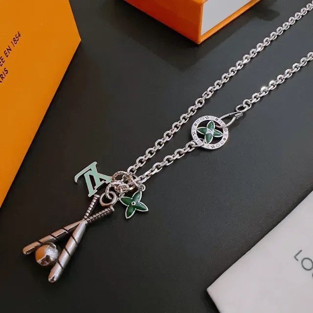 Louis Vuitton Baseball Motif Enamel Charm Silver Necklace 3