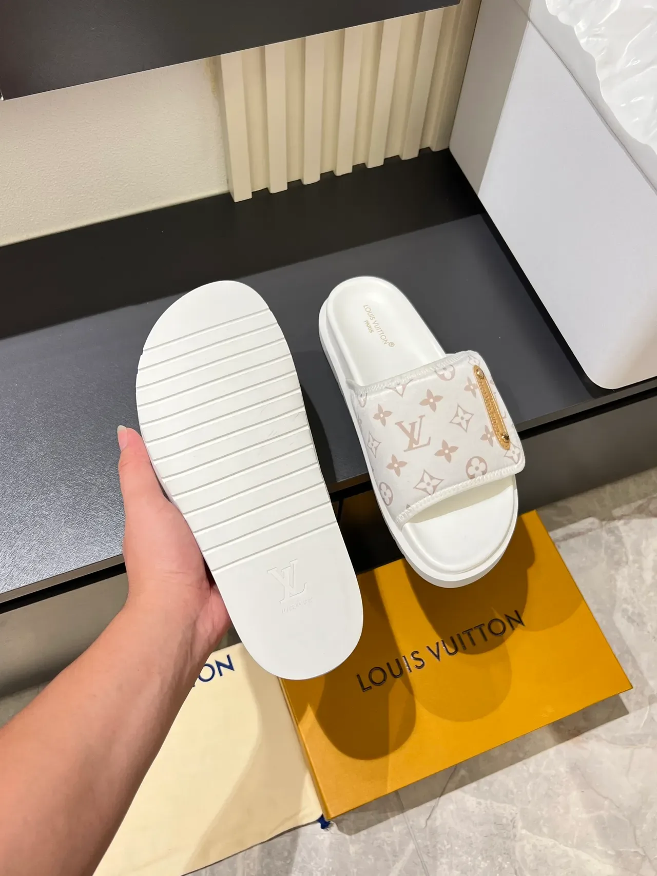 Louis Vuitton Beige White Monogram Canvas Strap Gold-Tone Plaque Slippers 2