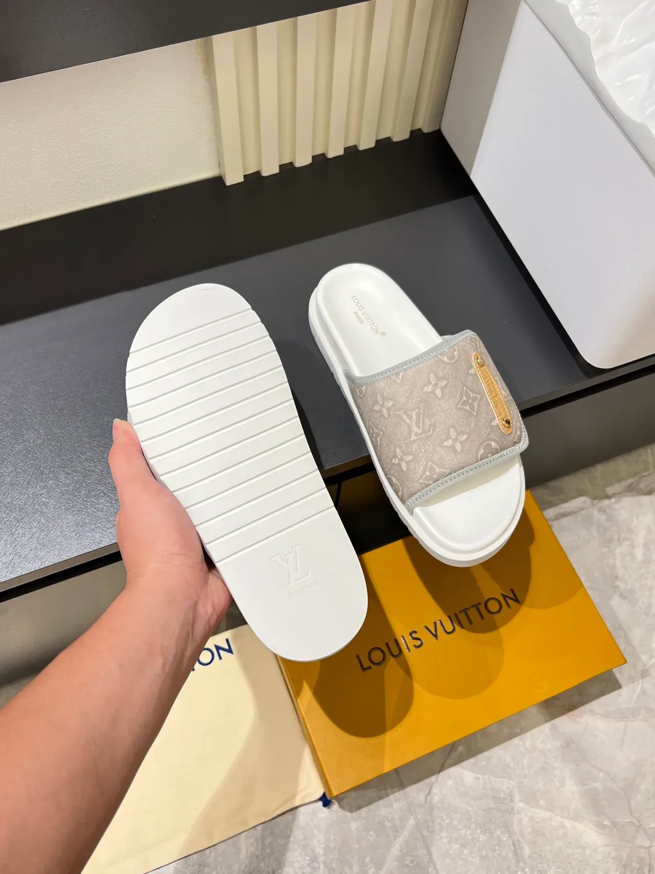 Louis Vuitton Beige White Monogram Canvas Strap Gold-Tone Plaque Slippers 3