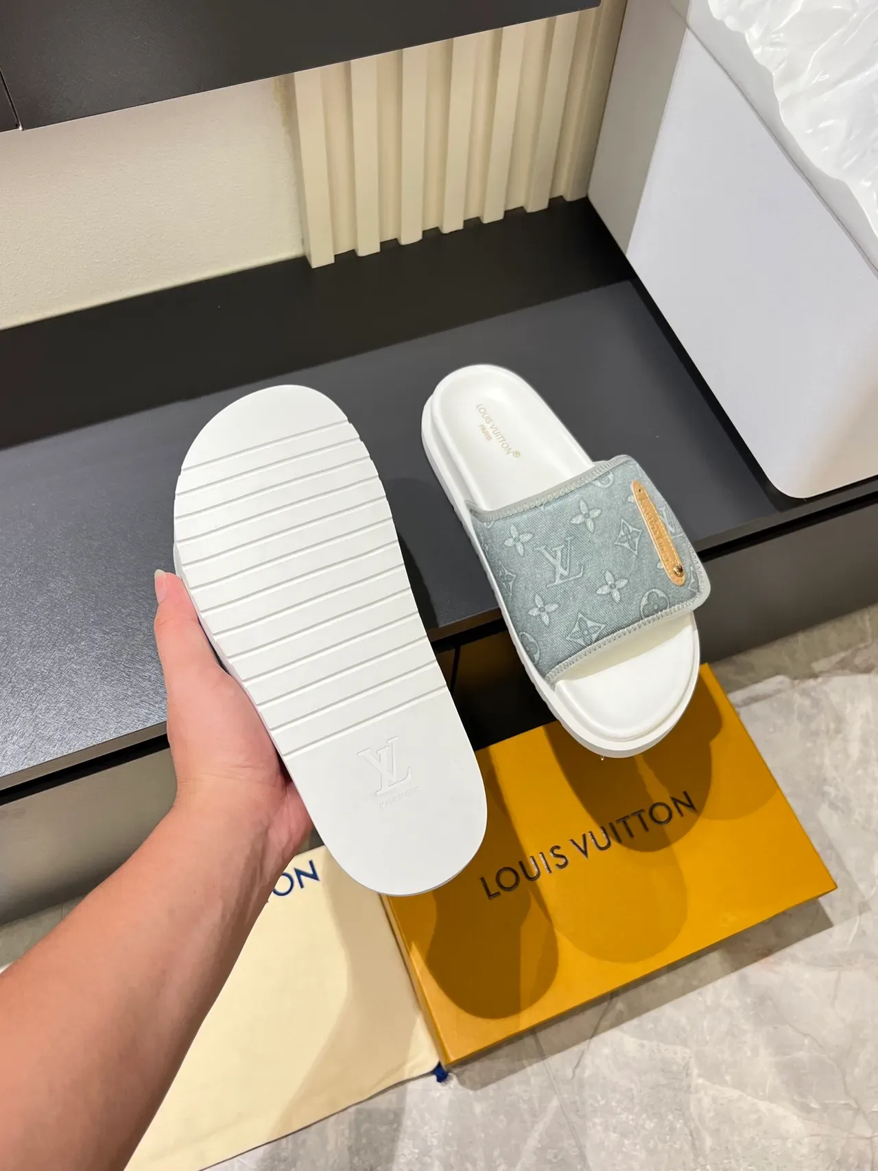 Louis Vuitton Beige White Monogram Canvas Strap Gold-Tone Plaque Slippers 4