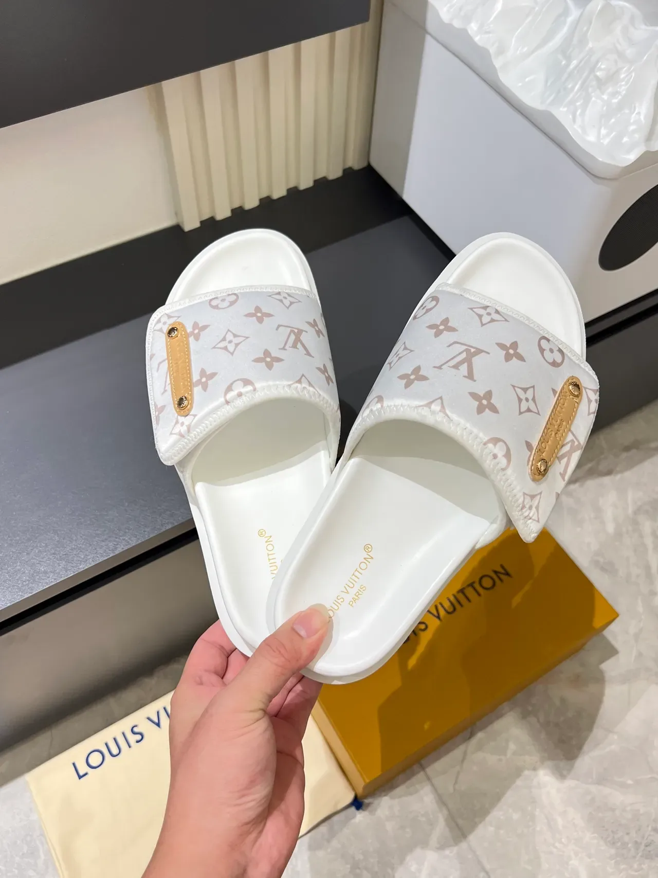 Louis Vuitton Beige White Monogram Canvas Strap Gold-Tone Plaque Slippers 6
