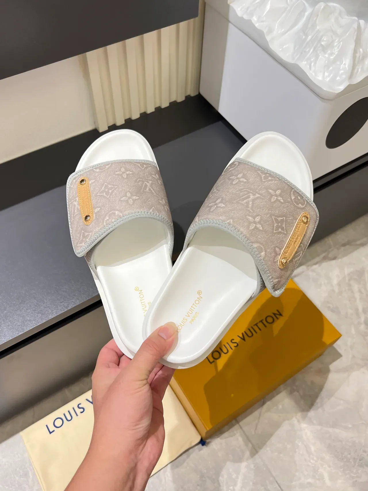 Louis Vuitton Beige White Monogram Canvas Strap Gold-Tone Plaque Slippers 7