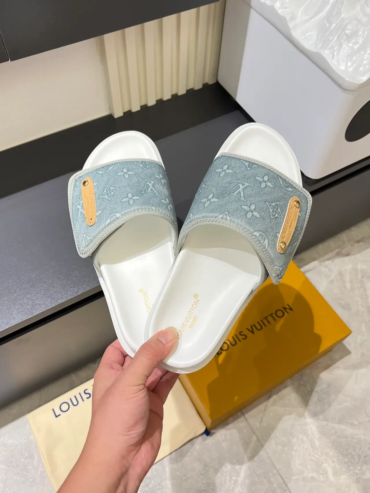 Louis Vuitton Beige White Monogram Canvas Strap Gold-Tone Plaque Slippers 8