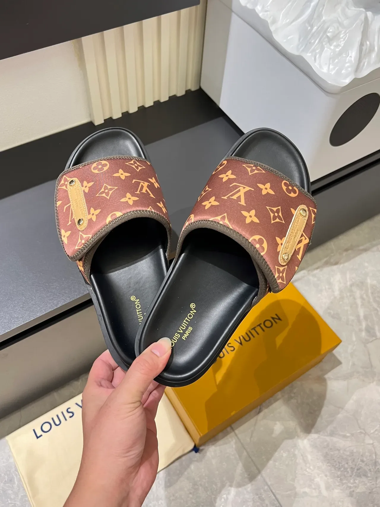 Louis Vuitton Beige White Monogram Canvas Strap Gold-Tone Plaque Slippers 9