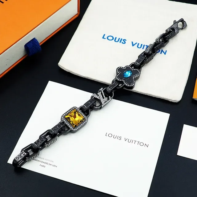 Louis Vuitton Black Blue Oxidized Metal Chain Pavé Crystal Accents Bracelet 3