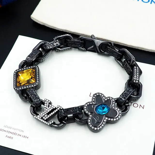 Louis Vuitton Black Blue Oxidized Metal Chain Pavé Crystal Accents Bracelet 5