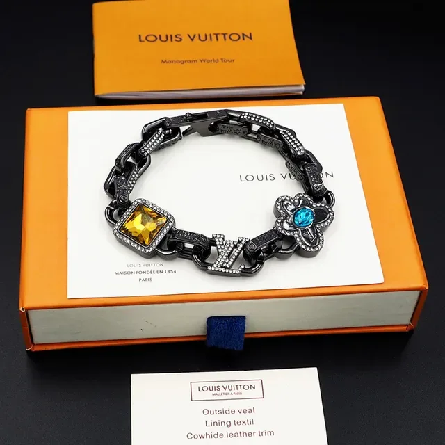 Louis Vuitton Black Blue Oxidized Metal Chain Pavé Crystal Accents Bracelet 7