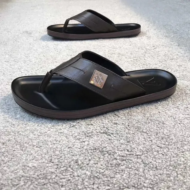Louis Vuitton Black Brown Molded Rubber Sole Leather Thong Strap Slippers 2
