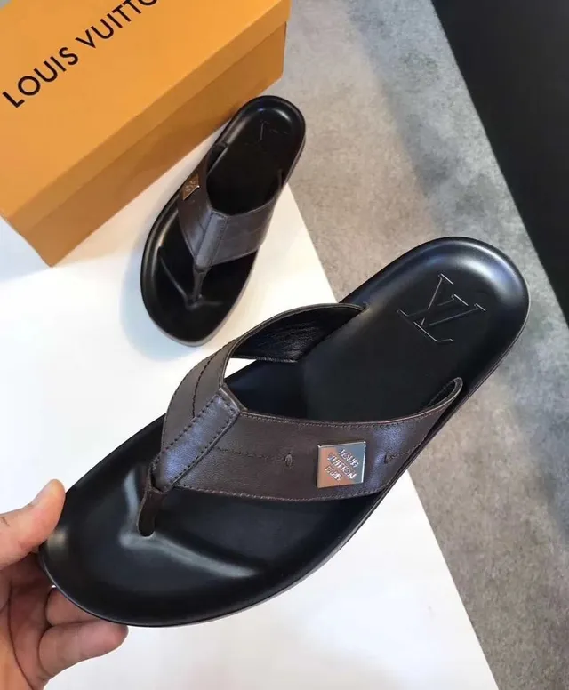 Louis Vuitton Black Brown Molded Rubber Sole Leather Thong Strap Slippers 3