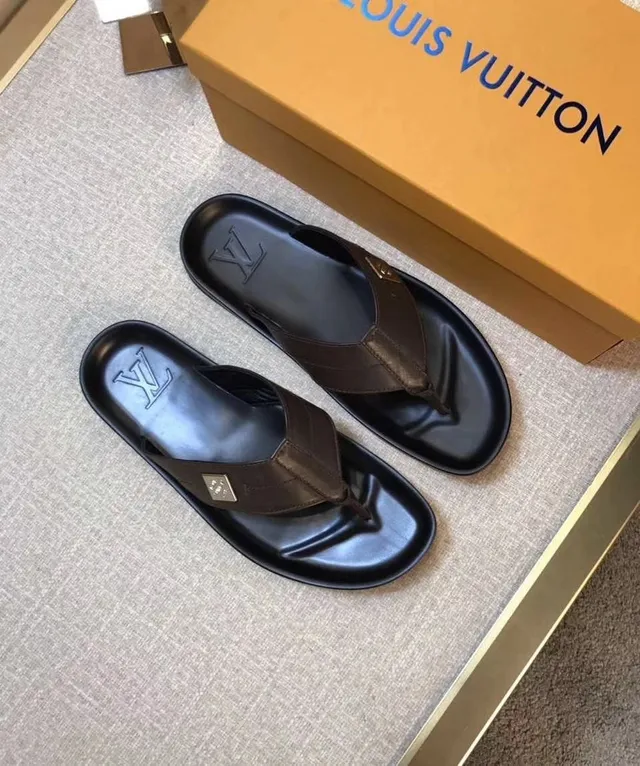 Louis Vuitton Black Brown Molded Rubber Sole Leather Thong Strap Slippers 5