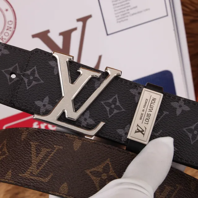 Louis Vuitton Black Brown Monogram-Printed Large Interlocking LV Buckle Leather Belt 2