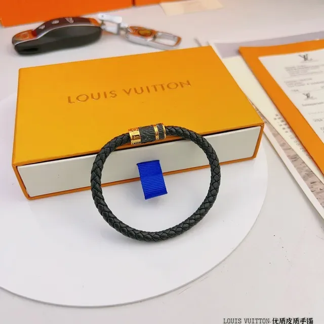 Louis Vuitton Black Gold Braided Leather Hardware Bracelet 2