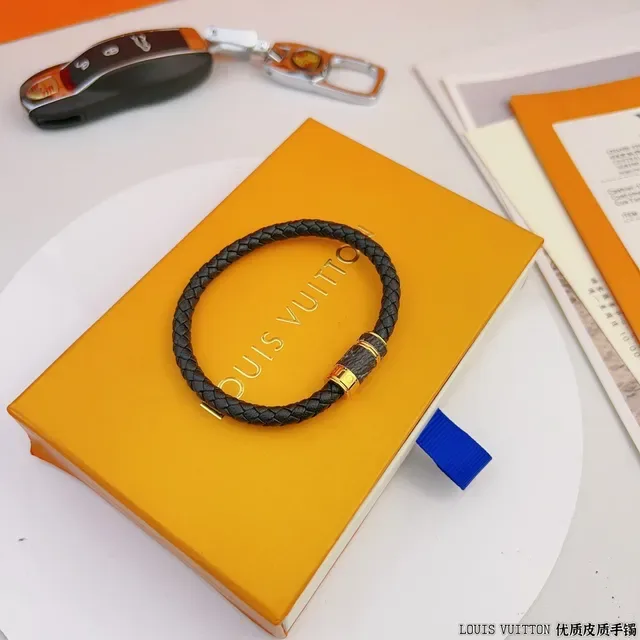 Louis Vuitton Black Gold Braided Leather Hardware Bracelet 4