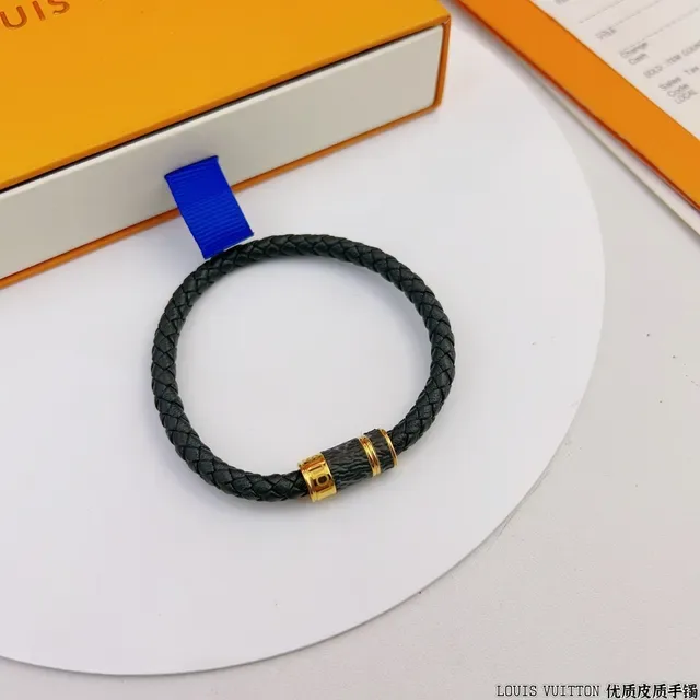 Louis Vuitton Black Gold Braided Leather Hardware Bracelet 5