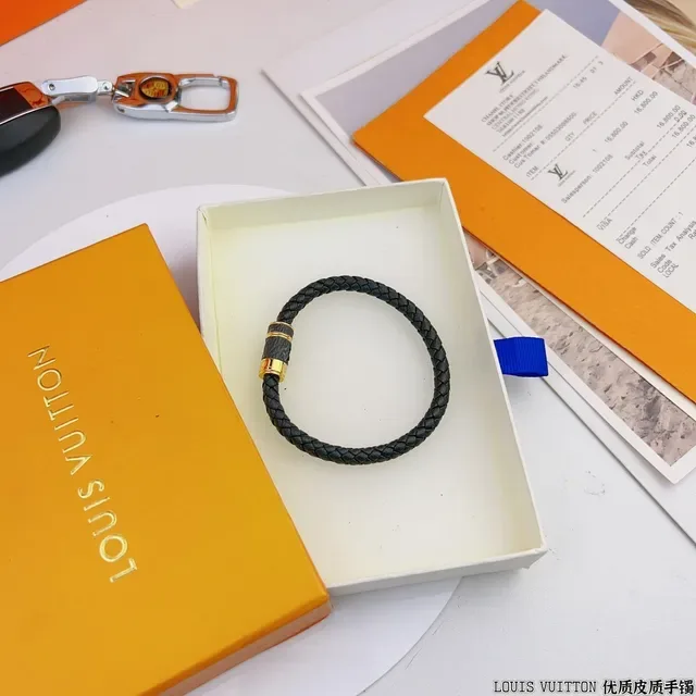Louis Vuitton Black Gold Braided Leather Hardware Bracelet 6