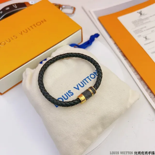 Louis Vuitton Black Gold Braided Leather Hardware Bracelet 7