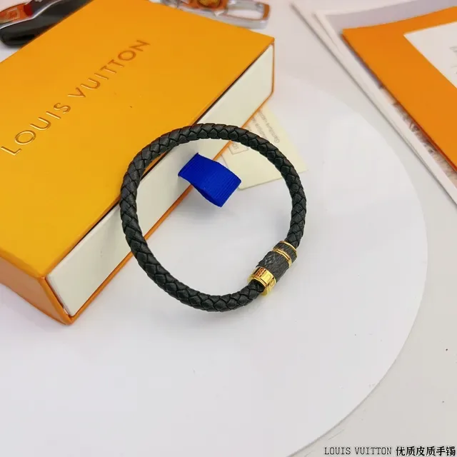 Louis Vuitton Black Gold Braided Leather Hardware Bracelet 9