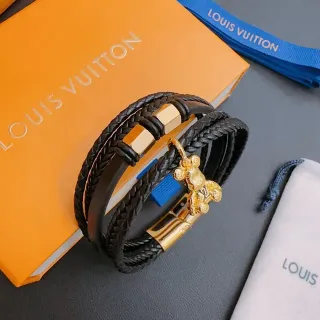 Louis Vuitton Pulsera de Cuero Trenzado Negro y Dorado Multi-Wrap