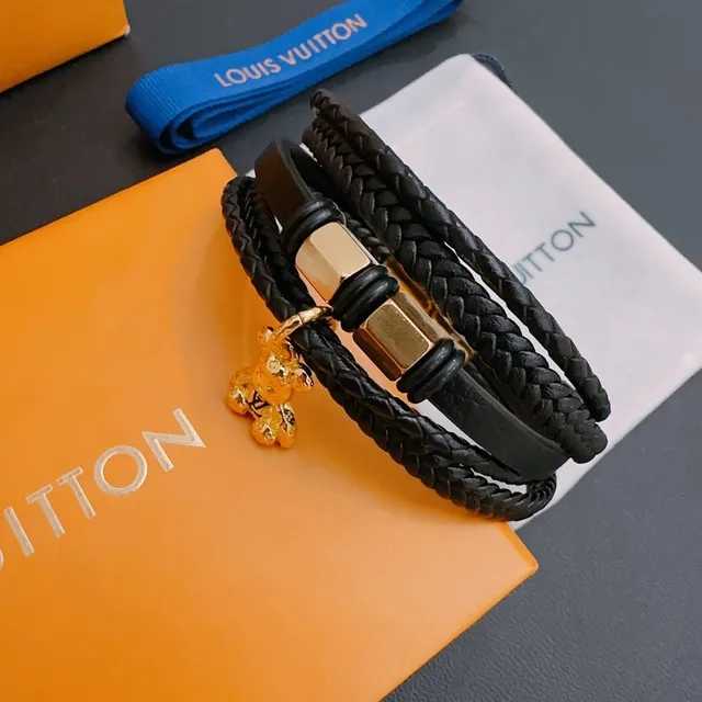 Louis Vuitton Black Gold Braided Leather Multi-Wrap Bracelet 6