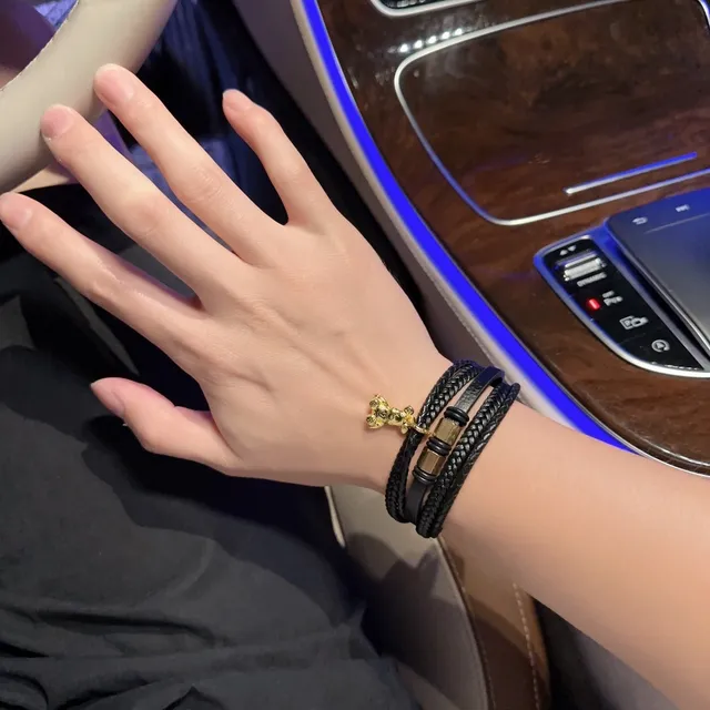 Louis Vuitton Black Gold Braided Leather Multi-Wrap Bracelet 7