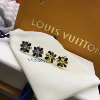 Louis Vuitton Black Gold Flower-Shaped Enamel-and-Metal Earrings