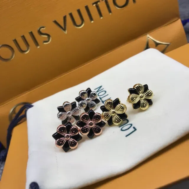 Louis Vuitton Black Gold Flower-Shaped Enamel-and-Metal Earrings 2