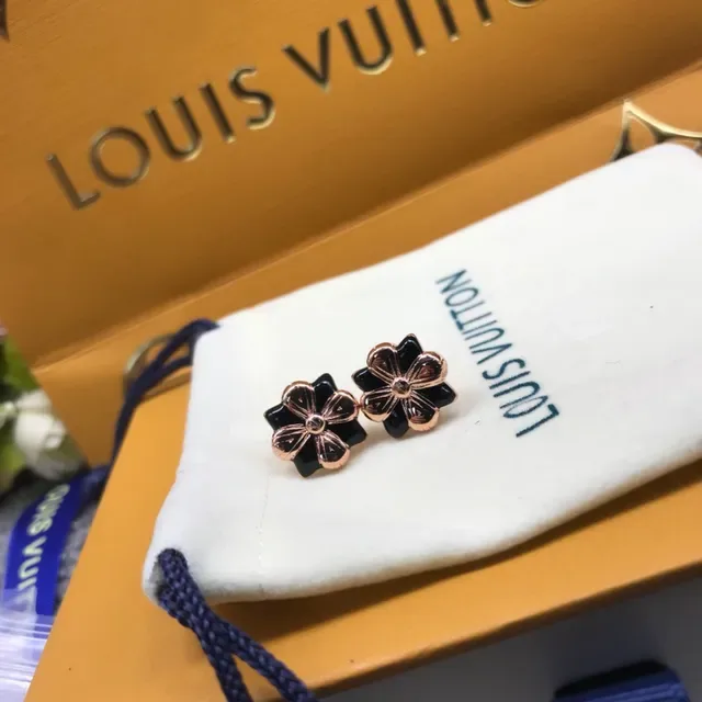 Louis Vuitton Black Gold Flower-Shaped Enamel-and-Metal Earrings 5
