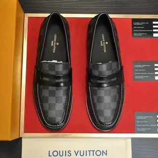 Louis Vuitton काला भूरा Damier Graphite कैनवास चमड़े की पट्टा लोफर