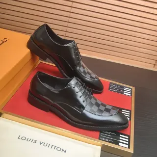 Louis Vuitton Black Gray Polished Leather Damier Checkered Toe Cap Oxford Shoes