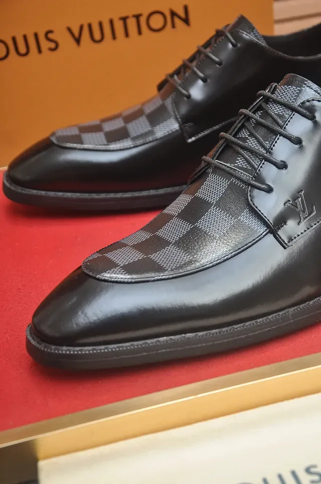 Louis Vuitton Chaussures Oxford Noir Gris Cuir Poli Damier à Carreaux Embout 2