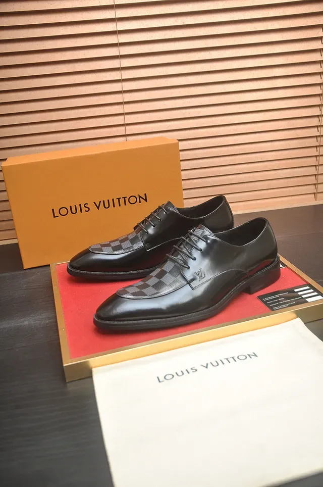 Louis Vuitton Chaussures Oxford Noir Gris Cuir Poli Damier à Carreaux Embout 4