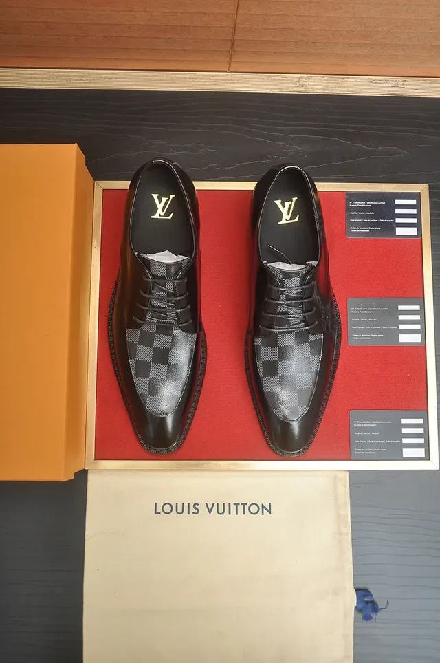 Louis Vuitton Chaussures Oxford Noir Gris Cuir Poli Damier à Carreaux Embout 5
