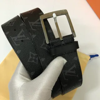 Louis Vuitton Black Silver Monogram-Coated Polished Rectangular Buckle Leather Belt