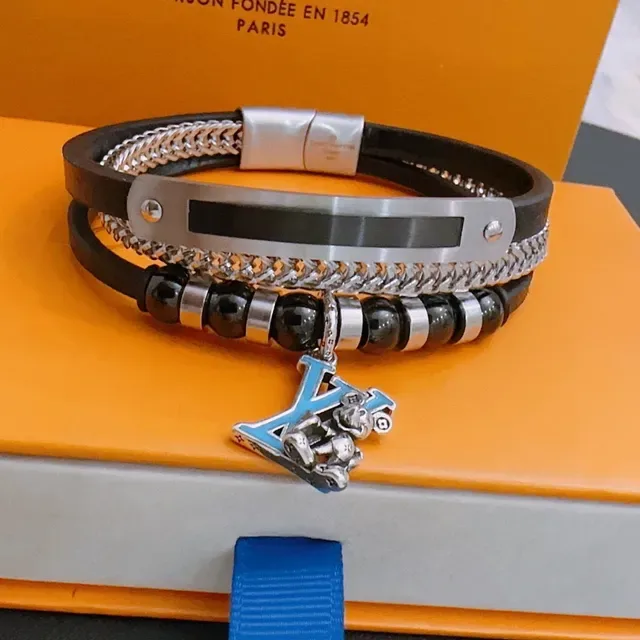 Louis Vuitton Black Silver Multi-Layered Leather-and-Chain Bracelet 3