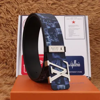 Louis Vuitton নীল কালো প্যাটার্নড কোটেড ওভারসাইজড মনোগ্রাম বাকেল লেদার বেল্ট