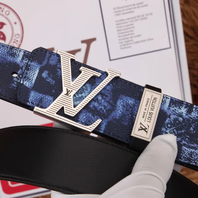 Louis Vuitton Blue Black Patterned Coated Oversized Monogram Buckle Leather Belt 3