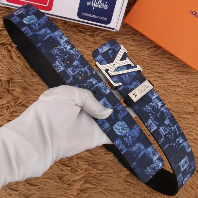 Louis Vuitton Blue Black Patterned Coated Oversized Monogram Buckle Leather Belt 7