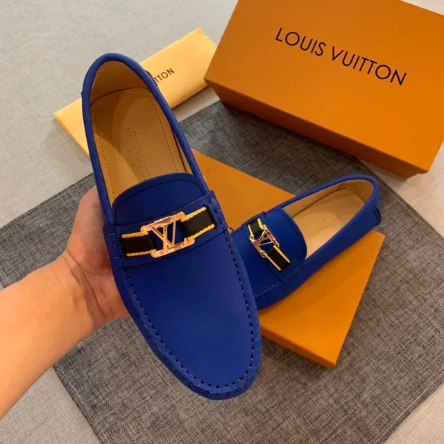 Louis Vuitton Azul Preto Couro Granulado Fivela Metal LV Mocassim 3