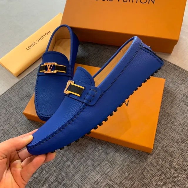 Louis Vuitton Azul Preto Couro Granulado Fivela Metal LV Mocassim 4