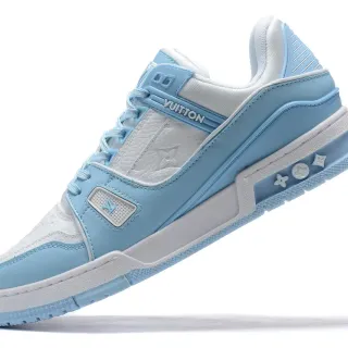 Louis Vuitton Blue White Layered Synthetic And Leather Construction Monogram-Embossed Panel Lifestyle Sneakers