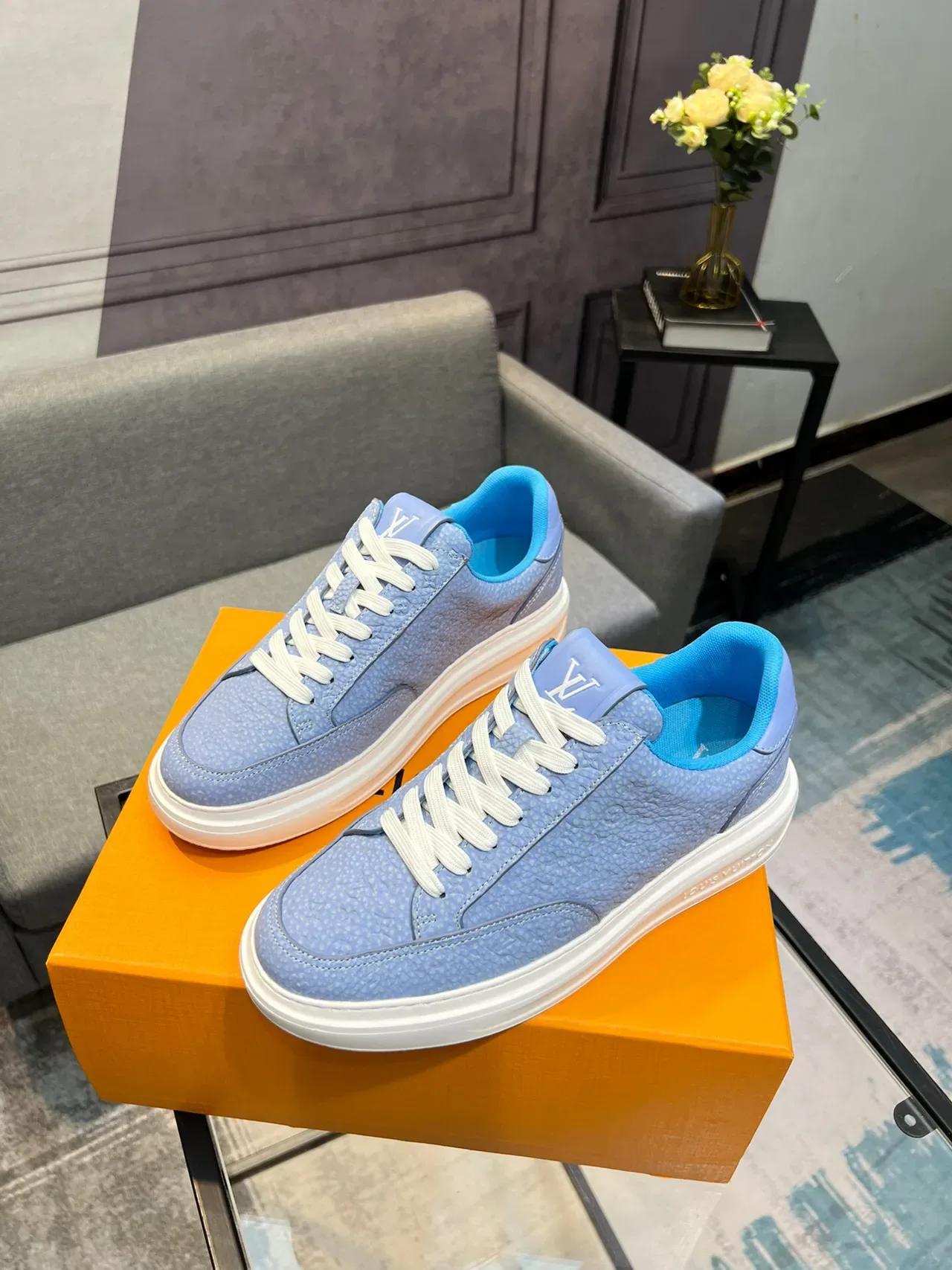 Louis Vuitton Blue White Monogram Leather Low-Top Lifestyle Sneakers 3