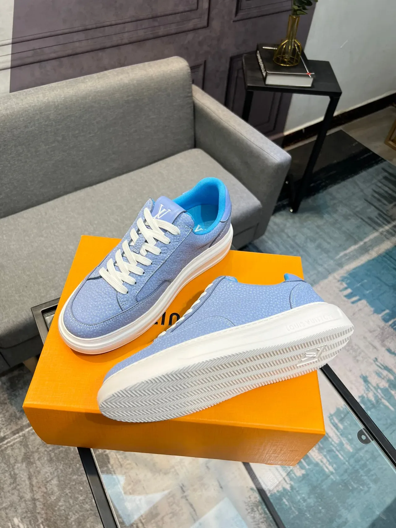 Louis Vuitton Blue White Monogram Leather Low-Top Lifestyle Sneakers 4