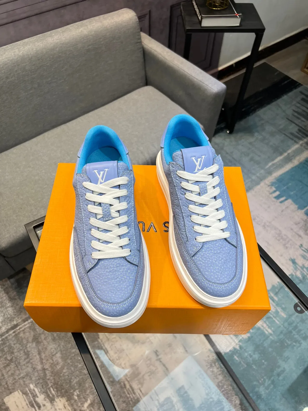 Louis Vuitton Blue White Monogram Leather Low-Top Lifestyle Sneakers 5