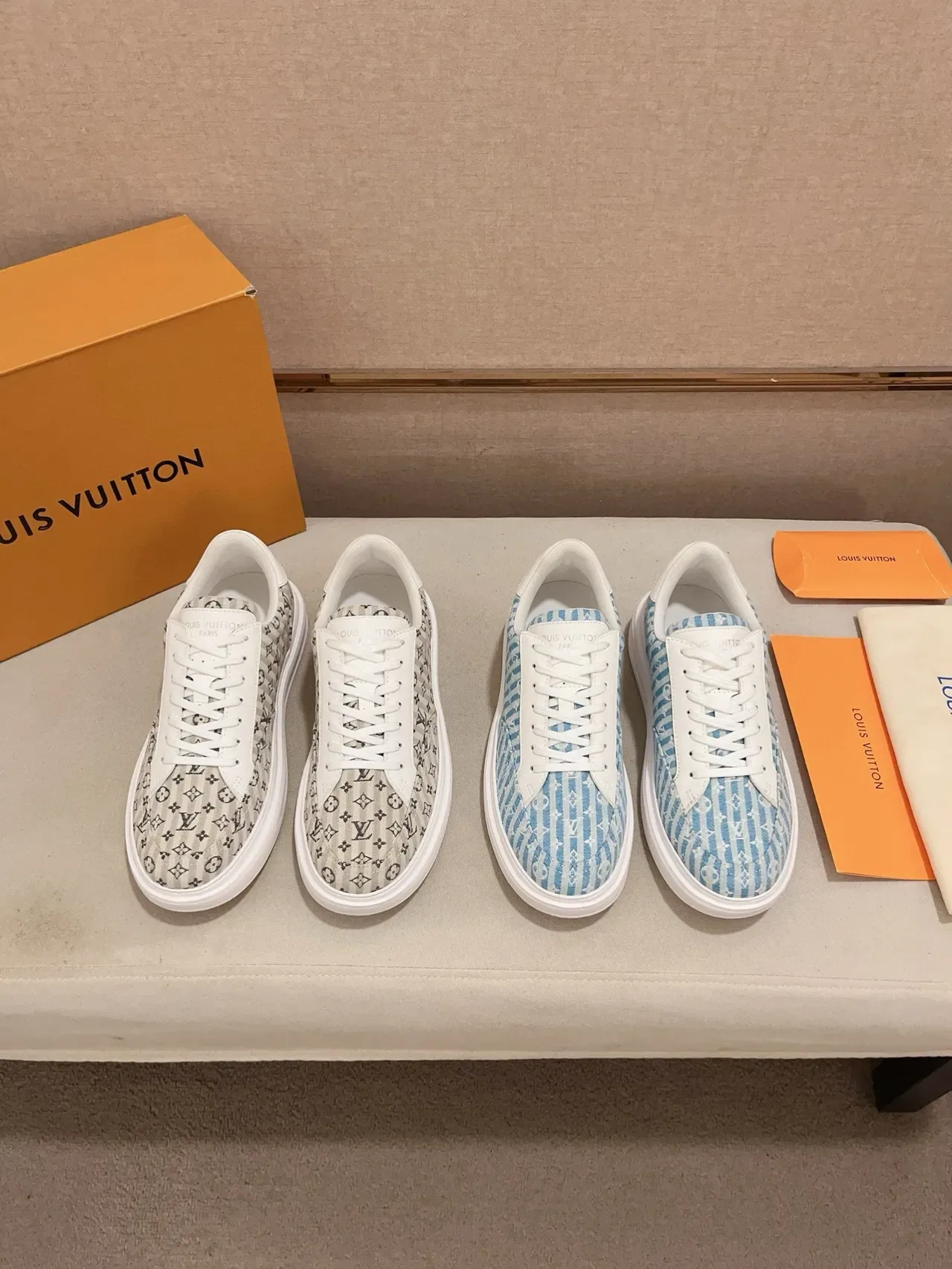 Louis Vuitton Blue White Striped Monogram Jacquard Upper Leather Overlays Lifestyle Sneakers 2