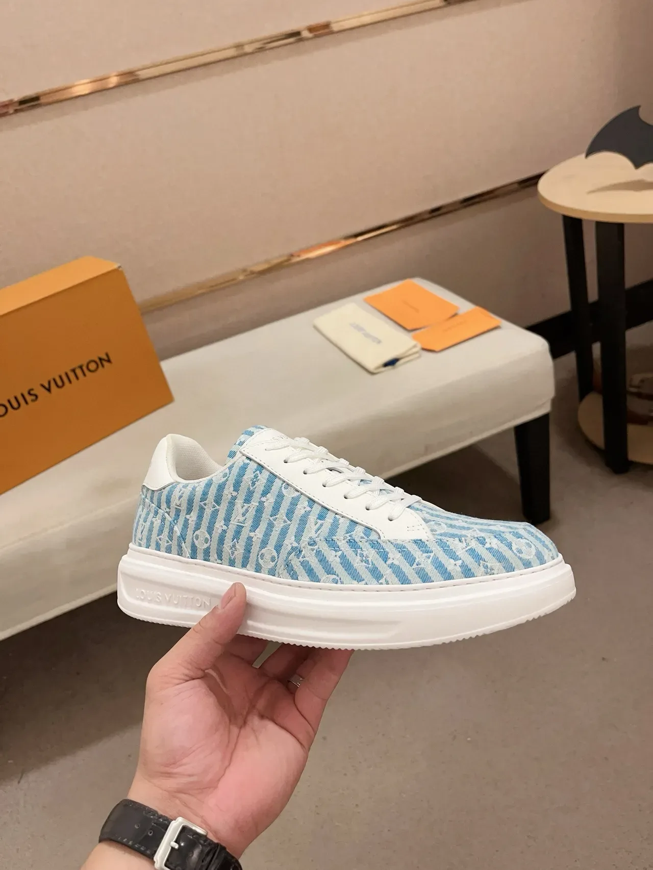 Louis Vuitton Blue White Striped Monogram Jacquard Upper Leather Overlays Lifestyle Sneakers 5