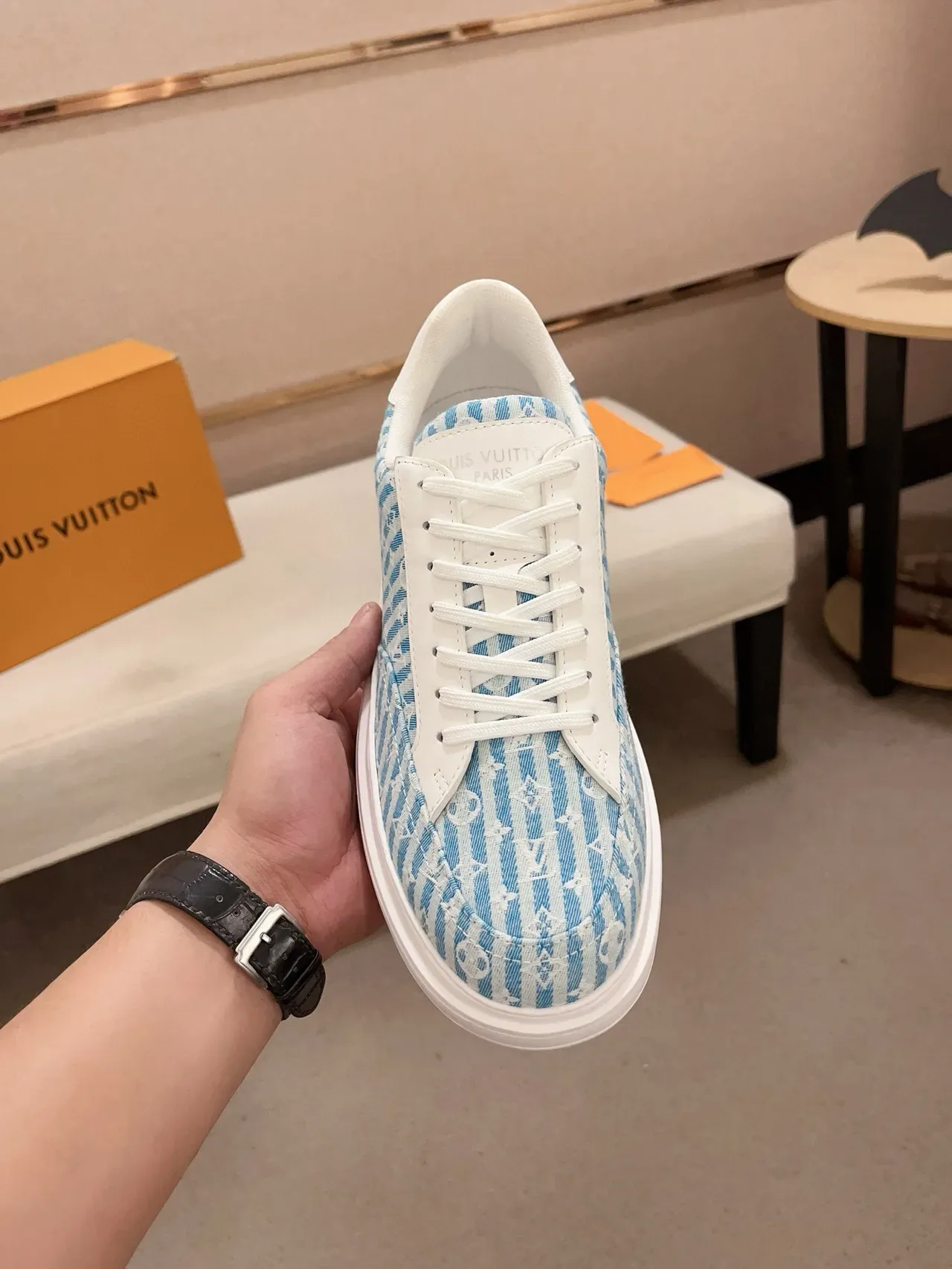 Louis Vuitton Blue White Striped Monogram Jacquard Upper Leather Overlays Lifestyle Sneakers 6