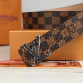 Louis Vuitton Brown Beige Damier Ebène Checkered Canvas Polished Silver-Tone LV Buckle Leather Belt