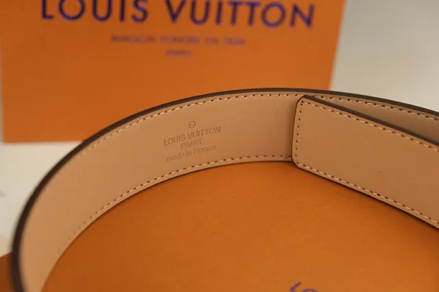 Louis Vuitton Cinto de couro Marrom Bege Damier Ebène Lona xadrez fivela prata polida tom prata LV 5
